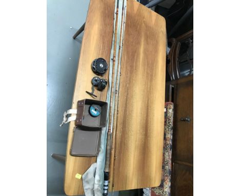 Hardy 3" St George trout fly reel with blue agate ring, Hardy The Hardex spinning reel and 3 piece vintage cane rod. 