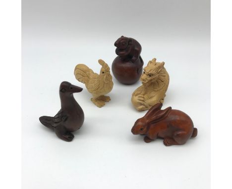 A Lot of 5 hand carved netsuke figures, includes, dragon, mouse, rabbit, chicken and duck. 