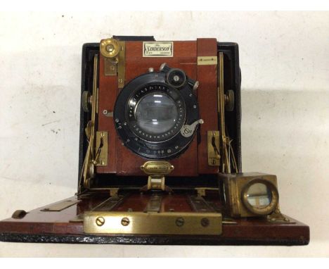 Sanderson Regular mahogany and brass field camera, with Zeiss Tessar lens and darkslides