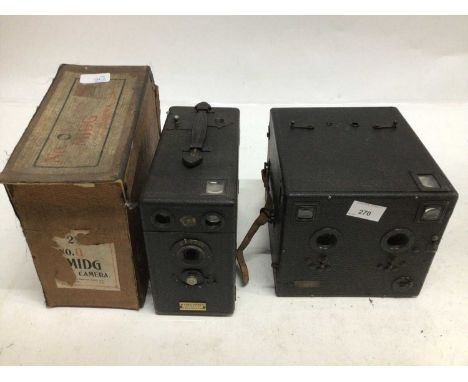 Four early falling plate box cameras including Midg with an early large stereo box camera retailed by Bedford of Ipswich