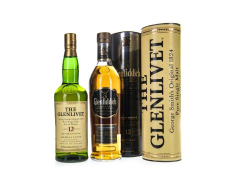 GLENFIDDICH CAORAN RESERVE AGED 12 YEARS Single Malt Scotch Whisky 70cl, 40% volume, in tube. GLENLIVET AGED 12 YEARS Single 
