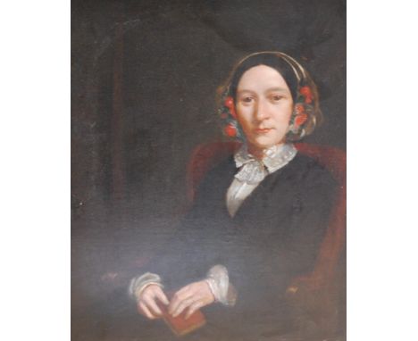 19th/20th Century British School Portrait of a seated lady wearing a floral hair net, white blouse, dark coat and holding a b