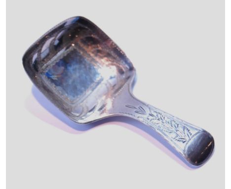 Silver caddy spoon with engraved rectangular bowl, by Joseph Willmore, Birmingham c. 1815. 
