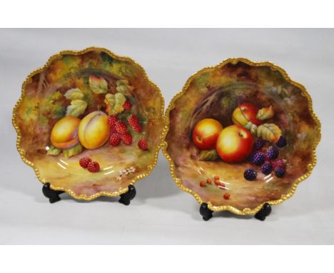 Two Horace Price for Royal Worcester cabinet plates, c. early 20th century, decorated with hand-painted fallen fruit of apple