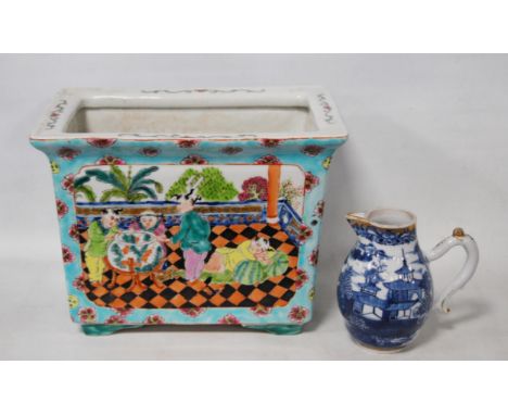 Chinese famille rose ceramic planter, c early 20th century, decorated with panels of figures in pavilion scenes on a muted bl
