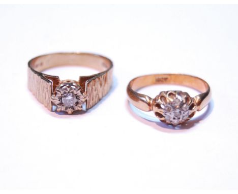 Diamond solitaire ring in 9ct gold, size N, 3g, and another, '18ct', size L, 2.8g.&nbsp; (2) 