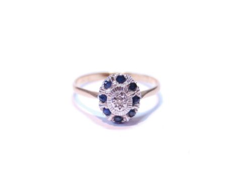 Diamond and sapphire cluster ring, in gold, '18ct', size P, 2.6g. 