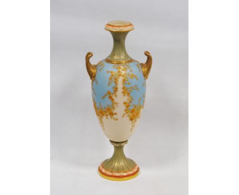 Royal Worcester porcelain vase, c. early 20th century, with gilded foliate decoration to the body, on blue and blush ground, 