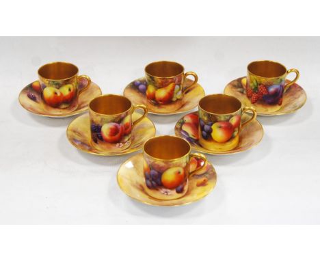 Royal Worcester six-place coffee set comprising six gilded coffee cans decorated by Horace Price with hand-painted fallen fru