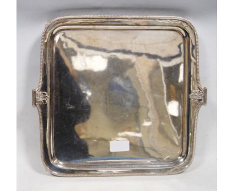 Silver tray, hallmarks for William Hutton &amp; Sons Ltd., date letter M, monogrammed, shaped gadrooned edge, on four animal 