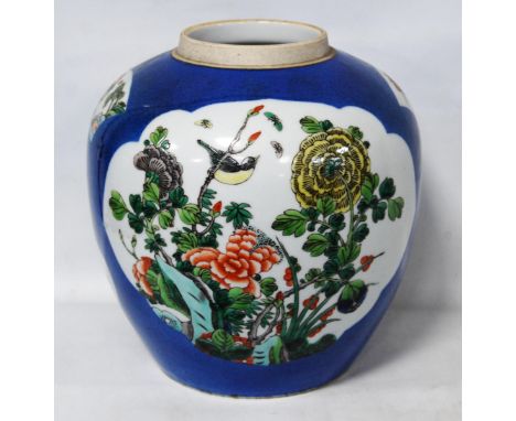 19th century Chinese famille verte ginger jar with floral panels, birds and wreaths on a powder blue ground, bearing six char