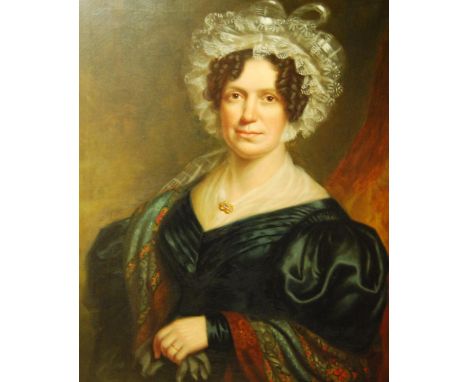 19th Century British School Portrait of a lady wearing a lace bonnet and sash, half length Oil on canvas, 74cm x 61cm. Stampe