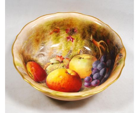 Royal Worcester porcelain fruit bowl, signed Ricketts, c. early 20th century, decorated with hand-painted fallen fruit of app