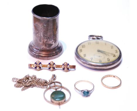 Blue paste ring in gold, a 22ct gold band ring (2g), a bar brooch, probably 15ct, a silver dress watch and other items. 