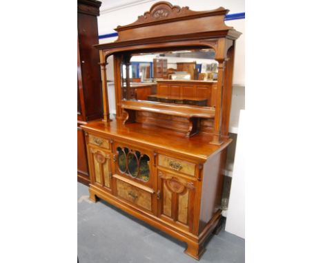 Art Nouveau mahogany and walnut mirror-back sideboard, retailed by J Farrar &amp; Sons, Halifax, the mirror back with gallery