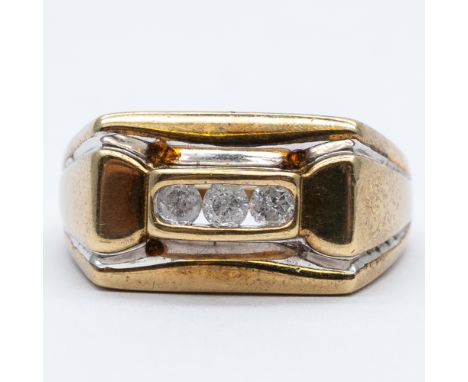 A 9ct yellow gold diamond signet ring,
set with 3 diamonds,
size R,
4.8 grams in weight approx