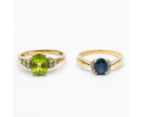 2x 9ct yellow gold dress rings,
a peridot and a sapphire and diamonds,
4.8 grams in weight approx,
peridot is size O and sapp