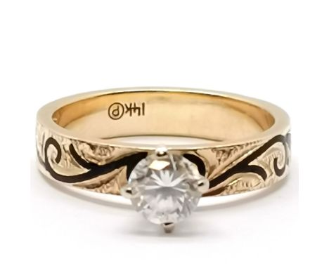 14ct marked gold high white stone set ring with enamel decoration and chased engraving - size N &amp; 4.4g total weight ~ sli