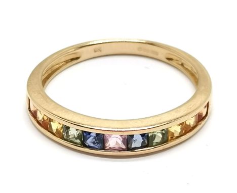 9ct hallmarked gold rainbow sapphire stone channel set ring - size R½ &amp; 2.3g total weight 