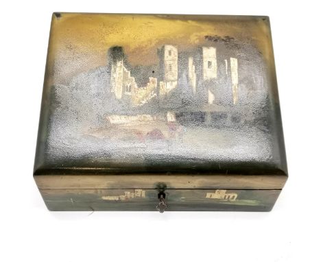 Antique papier mache hand painted stationery box decorated with castle scenes &amp; fitted interior with travel inkwell &amp;