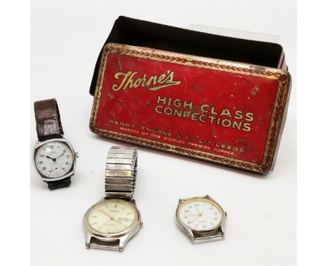 Rone sportsman manual wind wristwatch - runs t/w 2 others in a Thorne's toffee tin ~ for spares / repairs