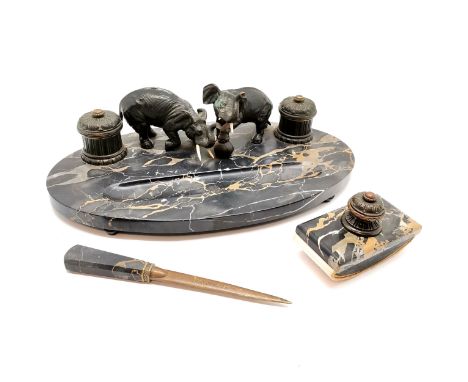 French Art Deco marble desk stand with 2 bronze elephants &amp; 2 inkwells (with glass liners) t/w matching paper knife (stam