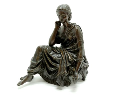 Antique bronze cast figure of a classical seated lady stamped underneath M.F. - 26cm high x 30cm across ~ has good patination