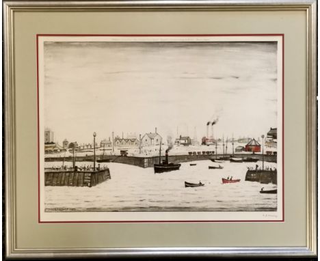 L S Lowry 1972 hand signed print of The Harbour (Maryport) by Venture prints with Fine Art Trade Guild blindstamp lower left 