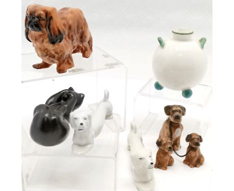 Royal Doulton pekingese t/w pair of sausage dog knife rests, china cat, china dog + puppies &amp; Royal Worcester posy vase 