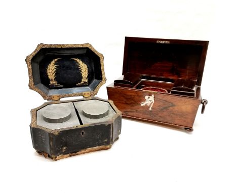 Antique rosewood sarcophagus tea caddy with fitted interior (no mixing bowl) - 33cm across &amp; missing 1 bun foot t/w papie