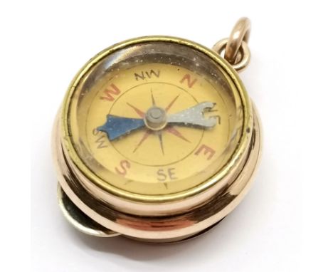 Antique unmarked gold rota-meter with compass fob by Francis Barker &amp; Son - 1.8cm across &amp; 11.6g total weight 