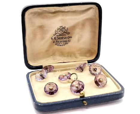 Antique cased set of facet cut amethyst + seed pearl cufflinks / buttons retailed by G E Searle &amp; Sons (21 Bedford St, Pl