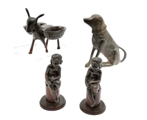 Bronze donkey with baskets, metal dog statue (13cm) t/w pair of bronze children sat on wooden stands (12cm high) 