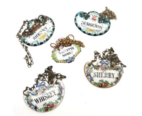 3 x antique enamel decanter labels - Violette Morny &amp; Sherry (both a/f) Burgundy t/w 2 x Crown Staffordshire whiskey / sh