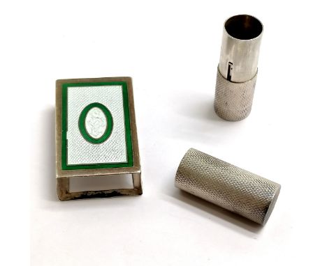 1909 silver enamel matchbox holder by Levi &amp; Salaman (slight distortion but enamel in good condition) t/w silver lipstick