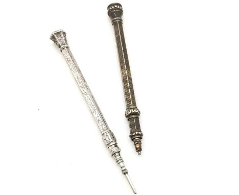 Mordan "M" Antique marked propelling pencil in unmarked silver case with banded agate seal end 11cm long with engraved detail