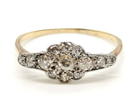 Art Deco diamond cluster ring in unmarked gold mount - size Q½ &amp; 1.5g total weight 