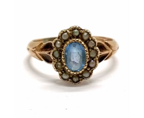 Antique 9ct hallmarked rose gold blue stone &amp; pearl set ring - size M &amp; 2g total weight ~ blue stone is scuffed - SOL