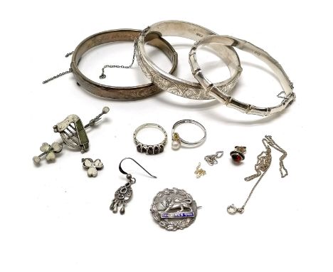 3 x silver bangles - plain one has dedication to inside &amp; safety chains a/f, 2 antique brooches - (total weight 65g &amp;