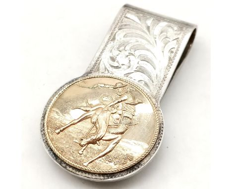 R Schaezlein sterling silver money clip with 12ct gold panel filled detail of a bucking bronco. Retailed by King's Saddlery, 