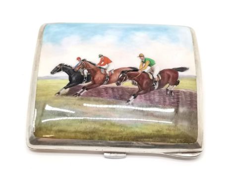 900 silver marked cigarette case with horse racing enamel pictorial front panel - 8.8cm x 7.5cm &amp; 138g total weight ~ sli