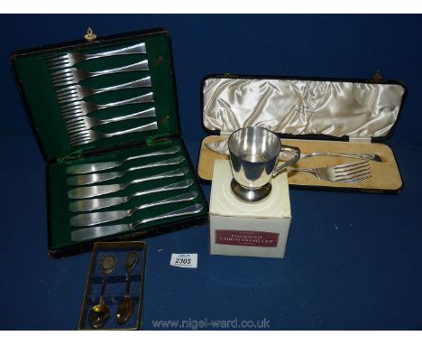 A boxed set of Walker &amp; Hall fish servers and set of fish eaters, two QEII golden jubilee Spoons and a white metal christ