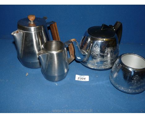 A vintage stainless steel coffee pot and creamer together with a Willowware teapot and sugar bowl, 