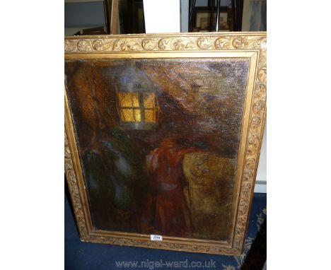 An Oil on board of figures with a lantern light