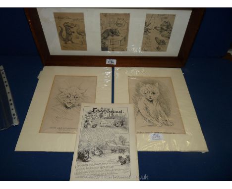 Two Louis Wain prints and "The Frogmousiad" illustrated by L. Wain plus three in frame.