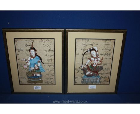 A pair of framed Prints of Eastern goddesses on manuscript paper