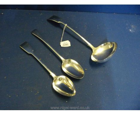 An Elkington A1 plate fiddle handle Soup Ladle, 12" long, plus an fiddle handle stuffing spoon,11" long and a rat tail plated