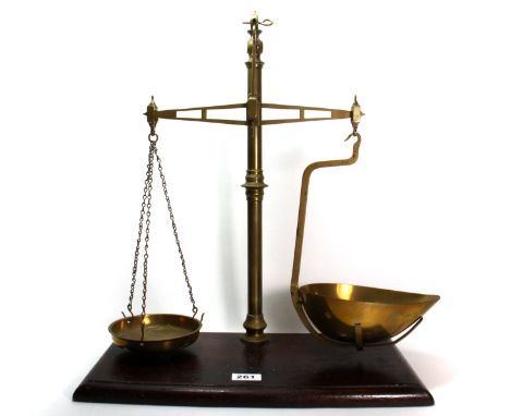 A vintage brass and mahogany pharmacy scale, H. 53cm.