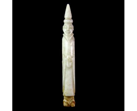 A rare Tang dynasty style carved jade figural stylus, possibly of the period, L. 16cm.