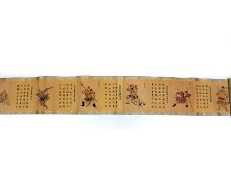 A Chinese silk mounted scroll of calligraphy and strong characters, W. 32cm.